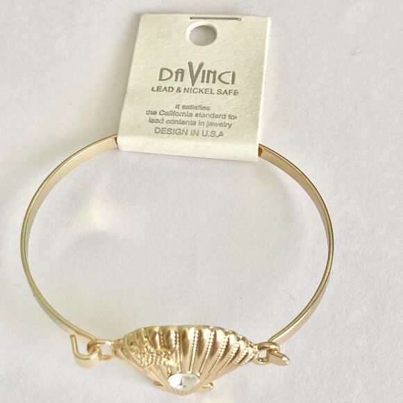 Scallop Sea Shell Bracelet Bangle Nautical Island Beach 7.5" Gold Plated Crystal - Picture 8 of 13